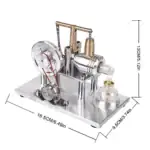 Dispositif scientifique miniature avec composants métalliques, manomètre, et réservoir en verre, illustrant un modèle de moteur de vapeur pour décoration ou étude scientifique.