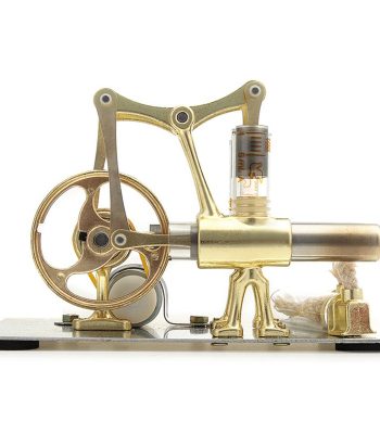 Modèle de piston à vapeur vintage en laiton avec engrenages et cylindre en verre, illustrant une machine scientifique ancienne pour la décoration ou l'éducation.