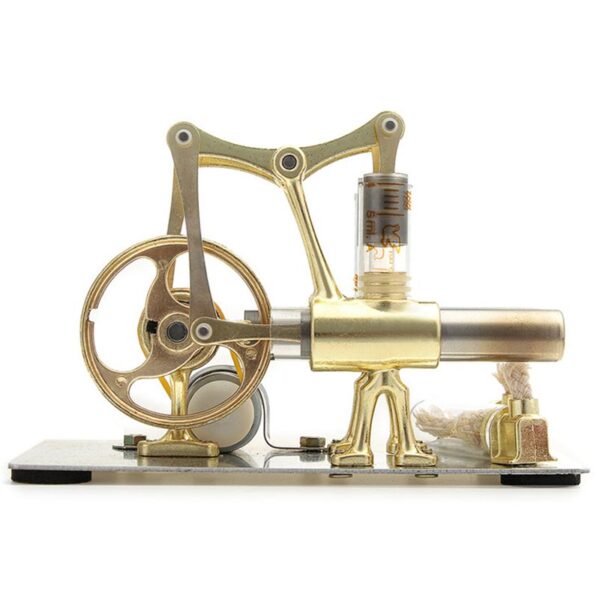 Modèle de piston à vapeur vintage en laiton avec engrenages et cylindre en verre, illustrant une machine scientifique ancienne pour la décoration ou l'éducation.