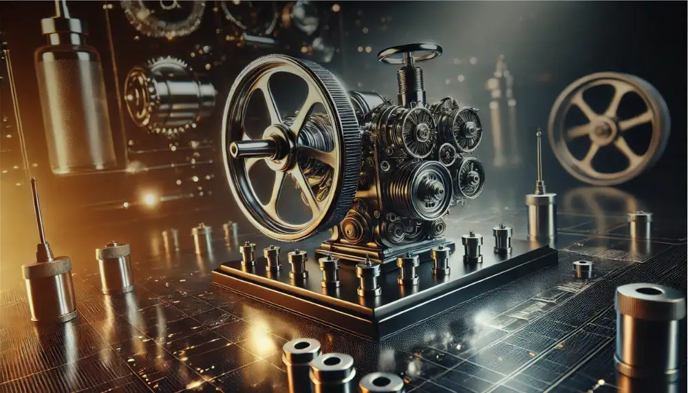 Une machine de vapeur ancienne en métal, utilisée comme objet de décoration scientifique ou industrielle, avec engrenages et roues visibles.
