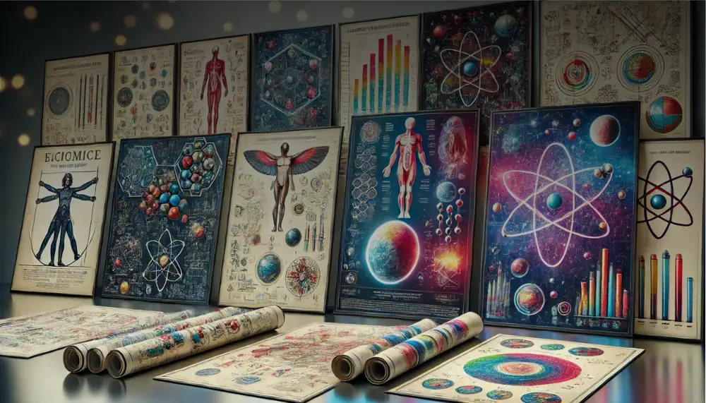 Poster scientifique avec illustrations de modèles atomiques, systèmes solaires et diagrammes biologiques.