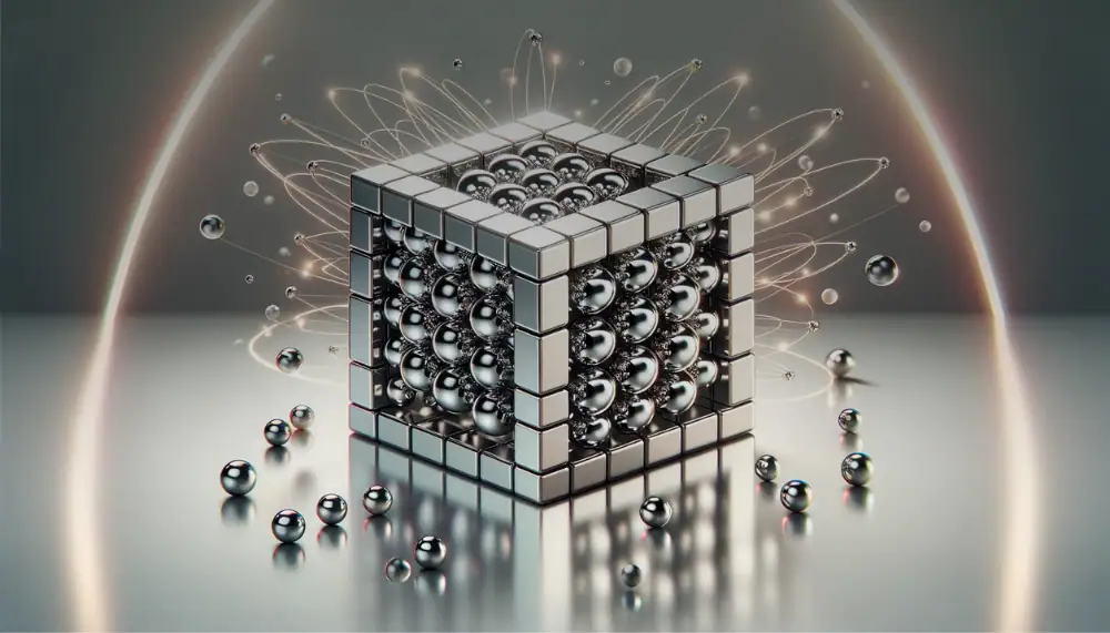 Cube moléculaire en métal avec sphères et lignes d'énergie, illustration scientifique moderne.