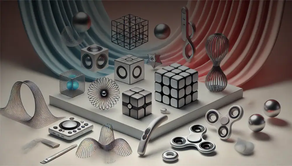 Collection d'objets scientifiques décoratifs modernes comprenant des cubes, sphères, spirales et autres formes géométriques en métal et plastique, idéale pour la décoration de bureau ou intéri.