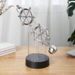 Objet scientifique décoration : roue de navigation en métal brillant sur socle noir.
