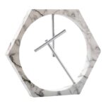Horloge décorative en marbre avec cadre hexagonal et aiguilles en métal, design moderne et élégant pour décoration scientifique ou intérieure.