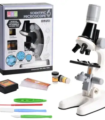 Microscope scientifique pour l'observation de petits objets, idéal pour l'apprentissage et la découverte, avec accessoires inclus pour expérimentations variées.