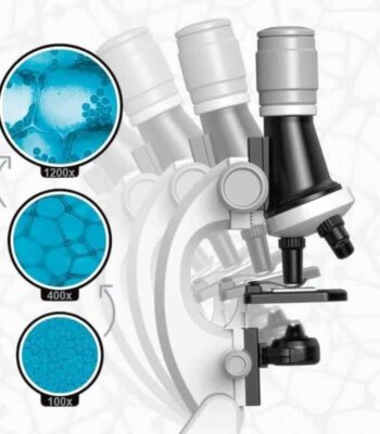 Microscope de laboratoire avec objectifs à différents grossissements (100x, 400x, 1200x) pour l'observation scientifique précise.
