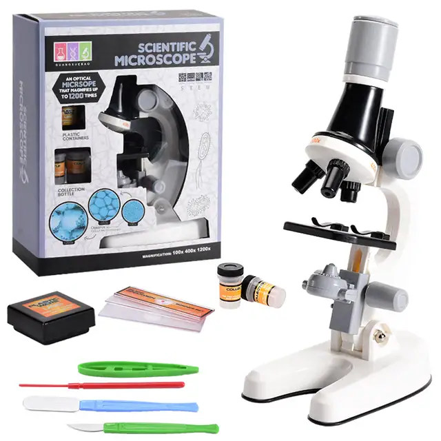 Microscope scientifique pour l'observation de petits objets, idéal pour l'apprentissage et la découverte, avec accessoires inclus pour expérimentations variées.