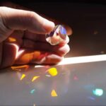 Pierre en cristal transparent avec reflets lumineux colorés, projetant des éclats de lumière sur une surface plane.