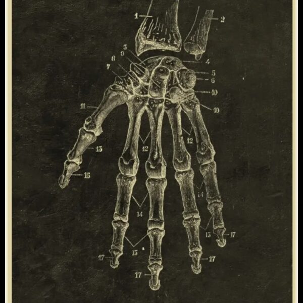 Illustration anatomique ancienne de la main et du poignet, montrant les os et articulations en détail, utilisée pour l'étude de la structure osseuse humaine.