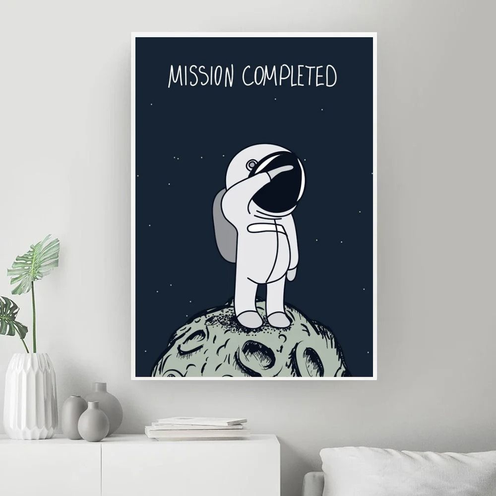 Illustration d'un astronaute en costume spatial sur la surface lunaire avec le texte "Mission accomplie" en haut, dans un style graphique minimaliste et moderne.