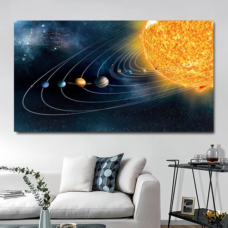 Illustration du système solaire avec le soleil et les planètes en orbite dans l'espace. Idéal pour la décoration éducative ou scientifique.