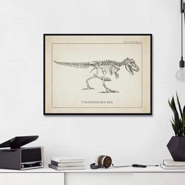 Illustration d'un Tyrannosaure Rex, dessin anatomique détaillé dans un style vintage, encadrée, pour décoration scientifique ou éducative.