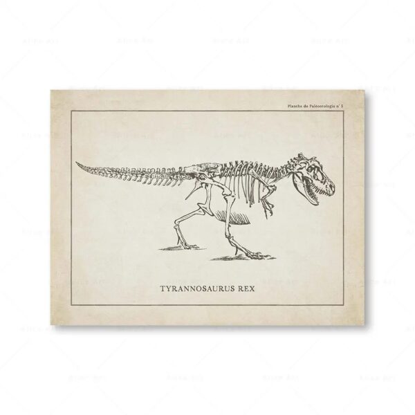 Tyrannosaure Rex, squelette fossile illustré, représentant un dinosaure carnivore préhistorique, exposé dans une planche scientifique ancienne.
