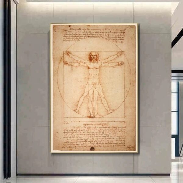 Illustration de l'Homme de Vitruve de Léonard de Vinci, montrant les proportions idéales du corps humain dans un style de dessin ancien, exposée dans un musée moderne.