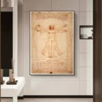 Reproduction de l'esquisse de Vitruve de Léonard de Vinci, illustrant les proportions idéales du corps humain dans un style artistique historique.