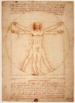 Dessin de Léonard de Vinci représentant l'homme de Vitruve, illustrant les proportions idéales du corps humain dans un carré et un cercle.