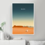 Illustration artistique représentant la surface de Mars avec un ciel dégradé, une silhouette d'astronaute et des montagnes en arrière-plan, idéale pour la décoration scientifique.