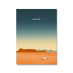 Illustration artistique de la surface de Mars avec un paysage désertique rouge et un ciel dégradé, représentant une scène spatiale inspirante et futuriste.