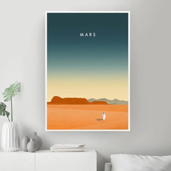 Illustration artistique représentant la surface de Mars avec un ciel dégradé, une silhouette d'astronaute et des montagnes en arrière-plan, idéale pour la décoration scientifique.