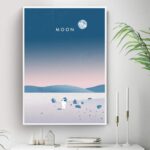 Panneau décoratif représentant la lune et un paysage lunaire minimaliste avec un astronaute.