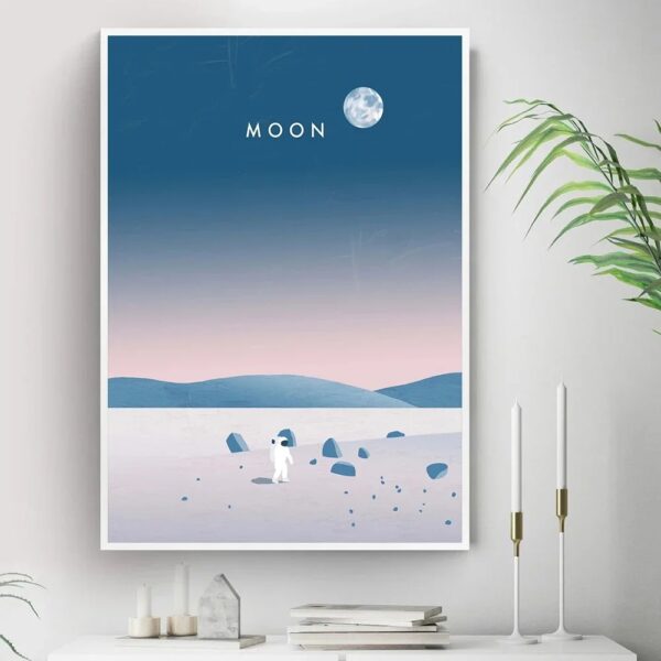 Panneau décoratif représentant la lune et un paysage lunaire minimaliste avec un astronaute.