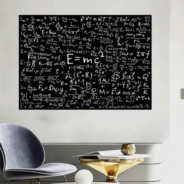 Tableau noir avec équations scientifiques en blanc, décorant un espace de bureau moderne.