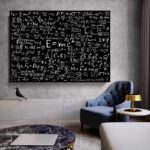 Panneau noir avec équations scientifiques en blanc, décor moderne pour un espace scientifique ou éducatif.