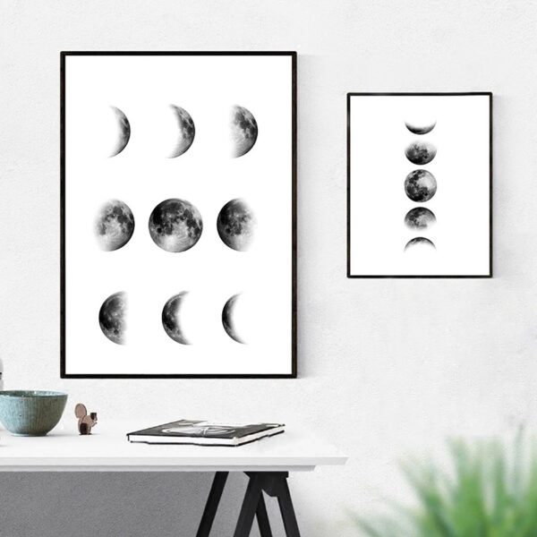 Affiches modernes illustrant les différentes phases de la lune, parfaites pour la décoration intérieure ou pour les amateurs d'astronomie.