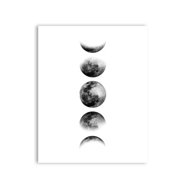 Illustration artistique montrant les différentes phases de la lune, de la nouvelle lune à la pleine lune, en noir et blanc, pour une décoration scientifique élégante.