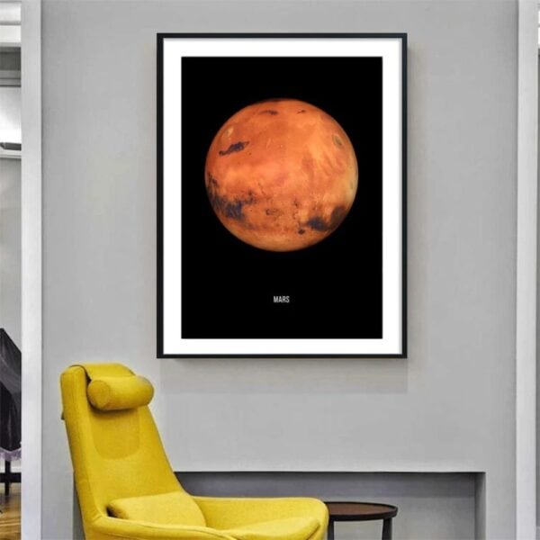 Affiche de la planète Mars avec détails géologiques, encadrée noire, idéale pour décoration scientifique ou éducative.