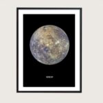 Poster de la planète Mercure avec détails géologiques et surface lunaire.