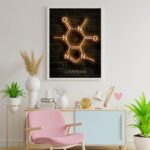 Panneau lumineux en néon représentant la molécule de caféine, idéale pour la décoration intérieure moderne.