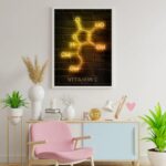 Photo de la structure moléculaire de la vitamine C illuminée en néon sur un mur en briques noires.