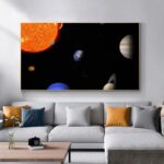 Illustration artistique du système solaire avec le Soleil et plusieurs planètes, affichÊe dans un cadre ÊlÊgant au-dessus d'un canapÊ dans un salon contemporain.