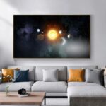 Illustration artistique du système solaire avec le Soleil et les planètes, affichÊe dans un cadre mural moderne.