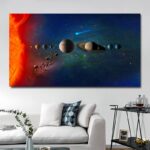 DÊcoration murale reprÊsentant le système solaire avec planètes et Êtoiles dans un style cosmique. Parfait pour une ambiance scientifique et Êducative dans votre intÊrieur.