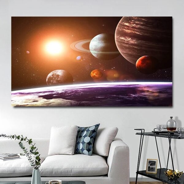 Planètes et soleil dans l'espace cosmique, illustration de l'univers avec plusieurs corps célestes et un soleil brillant.