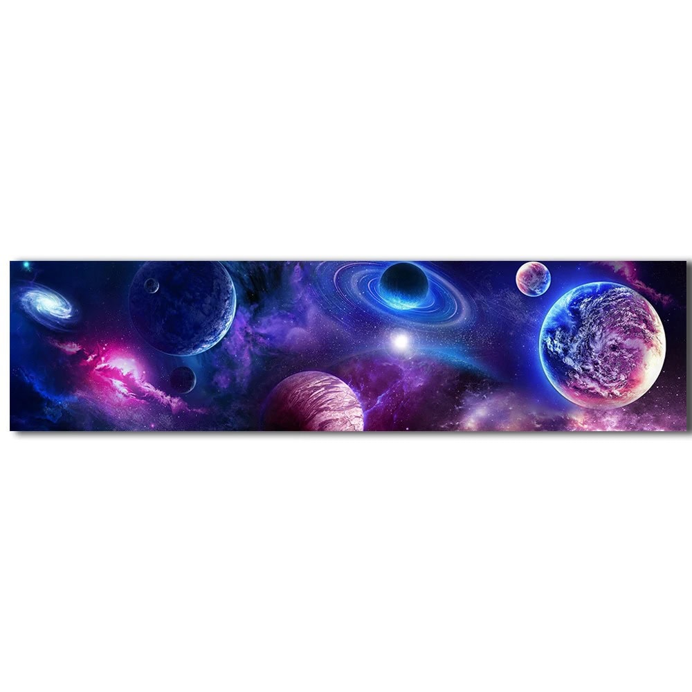Illustration artistique de l'espace avec planètes, galaxies et nébuleuses dans un style coloré et futuriste.