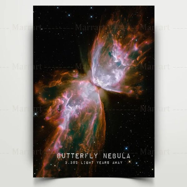 Nébuleuse Butterfly, une magnifique formation cosmique ressemblant à un papillon, située à environ 3 300 années-lumière de la Terre, illustrant la beauté de l'univers.
