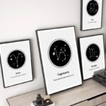 Quatre affiches avec constellations zodiacales Aries, Taurus, Capricorn et Scorpio, encadrées et accrochées au mur, décor astral moderne.