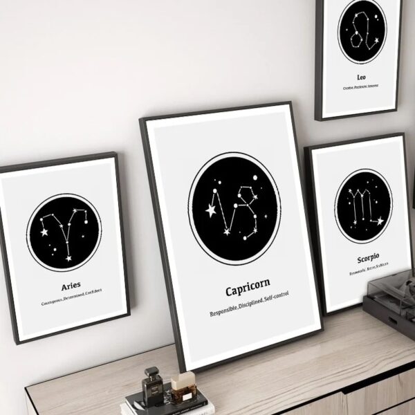 Quatre affiches avec constellations zodiacales Aries, Taurus, Capricorn et Scorpio, encadrées et accrochées au mur, décor astral moderne.