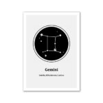 Gemmeaux - Carte de constellation astrologique représentant le signe du zodiaque Gémeaux avec étoiles et lignes de connexion.