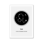 Illustration du signe astrologique Lion avec la constellation Leo, représentant la créativité, la passion et la générosité, idéale pour la décoration scientifique.