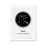 Illustration du signe astrologique Virgo avec une constellation de étoiles blanches sur fond noir, représentant la précision et la loyauté du signe.
