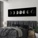 Illustration artistique des phases lunaires affichée dans un cadre contemporain au-dessus d'un lit dans une chambre élégante.