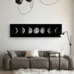 Illustration artistique montrant les différentes phases de la lune, affichées en ligne sur un panneau noir dans un intérieur moderne.