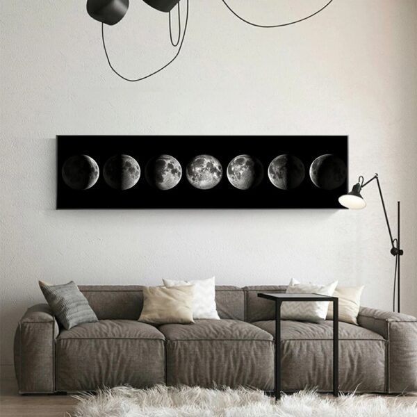 Illustration artistique montrant les différentes phases de la lune, affichées en ligne sur un panneau noir dans un intérieur moderne.