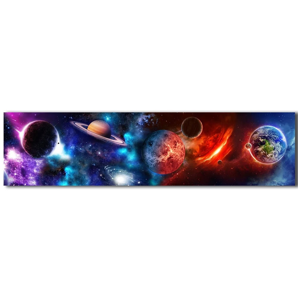 Illustration colorée de l'univers avec plusieurs planètes, étoiles et galaxies dans un fond cosmique vibrant.