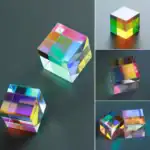 Cube en acrylique avec effets lumineux multicolores, décoration de style scientifique et design contemporain.